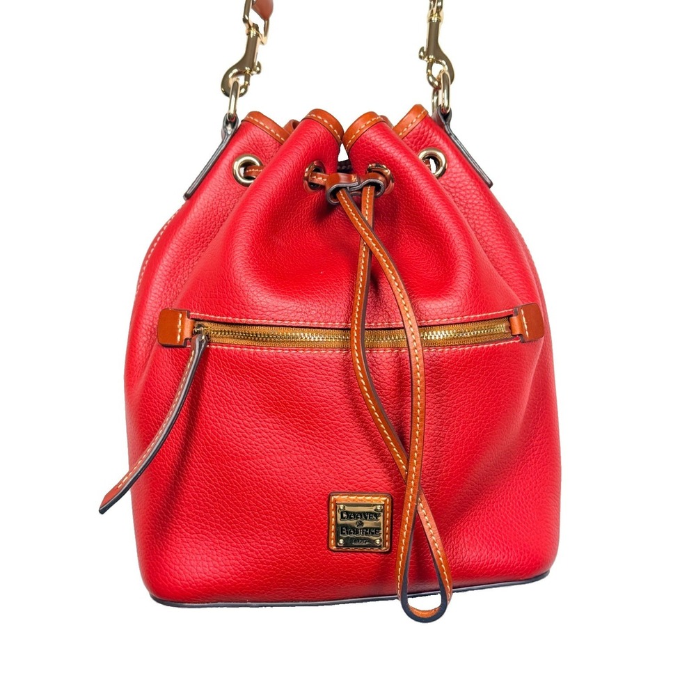 Dooney & Bourke Pebble Grain Red Drawstring Bucket Bag Leather Crossbody Purse